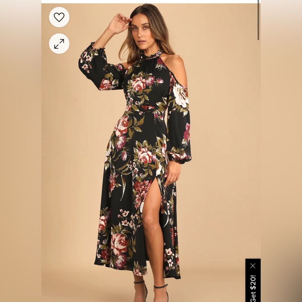 Blooming Beautifully Black Floral Satin Cold-Shoulder Midi Dress